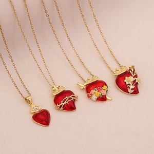 Sacred Heart Pendant Necklace Copper Stainless Steel Red Enamel Rhinestone Heart Luxury Vintage Jewelry For Women
