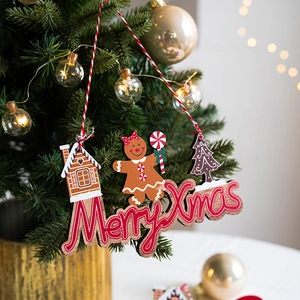 Wooden Merry Xmas ginger bread man hanging ornament for Christmas tree decoration