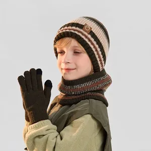 Kids winter 3-piece knit set with striped beanie, neck warmer and touch gloves