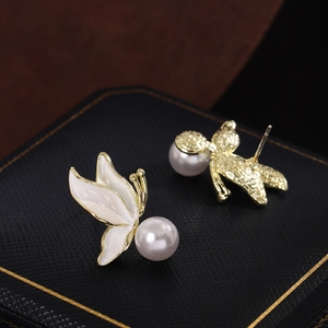 French vintage pearl butterfly earrings in white enamel and gold finish for women