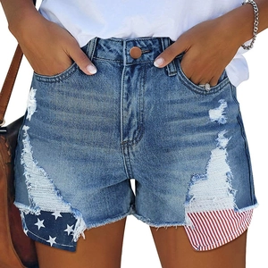 Short En Jean Femme Taille Haute Déchiré Détruit Drapeau Américain Étoiles Et Rayures Poche Ourlet Brut Coton Décontracté