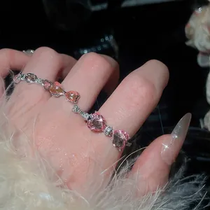 Heart Bowknot Rhinestone Open Adjustable Rings Pink Zircon Sparkly Sweet Elegant Jewelry For Women Girls