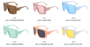 Matrix display of oversized square jelly texture sunglasses in six assorted colors