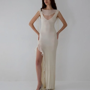 Robe Maxi Dos Nu Femme Sexy Fente Haute Volants Sans Manches Col En V Coupe Ajustée Élégante Polyester Mesh Soirée