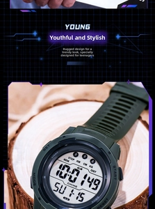 Macro detail of military green digital sport watch with multi-function LCD screen display