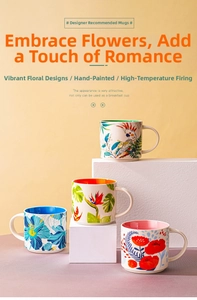 Detailed view of hand-painted floral ceramic mugs with vibrant tropical bird patterns