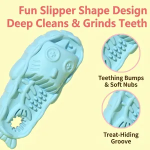 Blue slipper shaped TPR dog toy with teething bumps and hidden food treats design