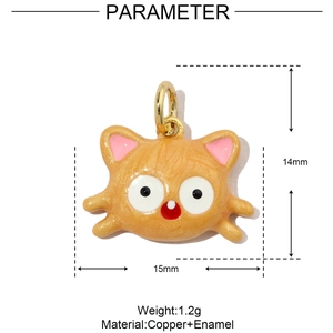 Detailed view of orange enamel cat pendant with copper material and 15mm size dimensions