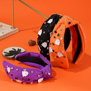 Serre-Tête Noué Fantôme Halloween Bandeau Large En Tissu Avec Strass Et Pendentifs En Alliage Pour Costume De Fête Vacances