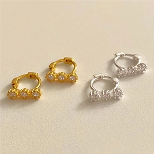 Triple Zircon Huggie Earrings 925 Sterling Silver Geometric Hoop Jewelry For Women Minimalist Korean Style
