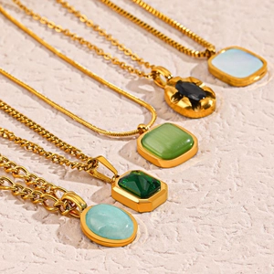 Geometric Pendant Necklace Stainless Steel Synthetic Gemstone Vintage Gold Plated Jewelry For Women