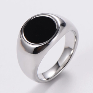 Minimalist silver stainless steel ring with a round black top surface for men and women