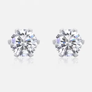 Front view of classic six-prong moissanite stud earrings in polished S925 sterling silver