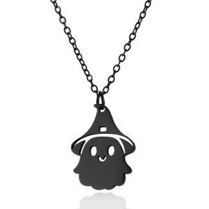 Close-up of a minimalist black metal ghost pendant necklace for Halloween style