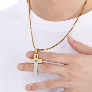 Men's two-tone gold and silver stainless steel cross pendant necklace with scripture