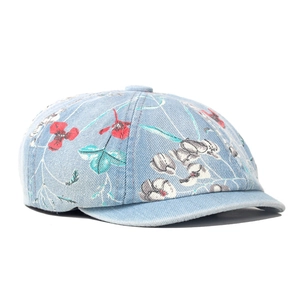 Ethnic denim newsboy hat with floral print for women, washed blue cotton retro style