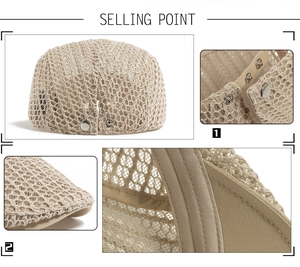 Close-up of breathable mesh fabric and adjustable metal buckle on beige flat cap