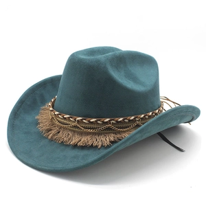 Western Cowboy Hat Wide Brim Suede Felt Bohemian Vintage Fedora With Braided Rope Gold Chain Tassels For Women Men
