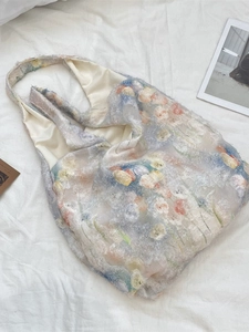 Lace floral jacquard tote bag with fuzzy tulip embroidery and aesthetic pastel colors