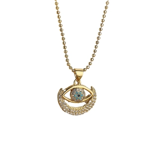 18K gold plated copper evil eye and crescent moon pendant necklace with turquoise stone