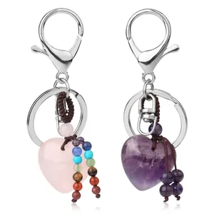 Heart Shape Natural Stone Crystal Keychain Handmade Woven Cord Multicolor Beads Bag Pendant Charm