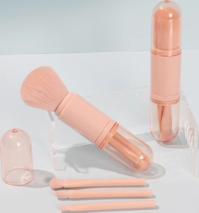Pink 4-in-1 portable makeup brush set with storage tube for blush and eyeshadow