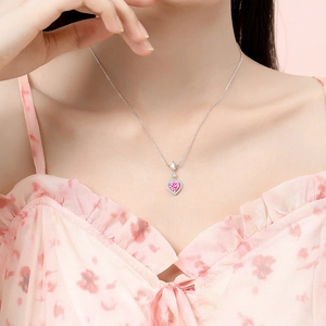 Elegant S925 silver heart crown necklace with pink crystal and surrounding diamonds