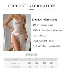 Detailed size chart for silk-like satin slip dress with length and waist measurements