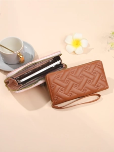 Minimalist long PU leather zip wallet for women with heart embroidery and wristlet strap