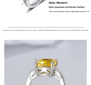 Detail shot of square yellow gemstone ring with side diamonds and 16mm inner diameter