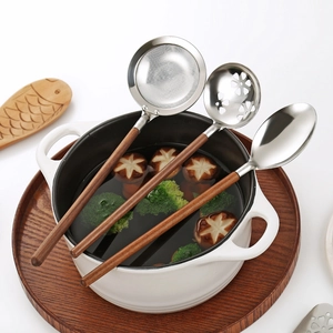 Set of 3 stainless steel Japanese soup ladles and skimmers with walnut wood handles