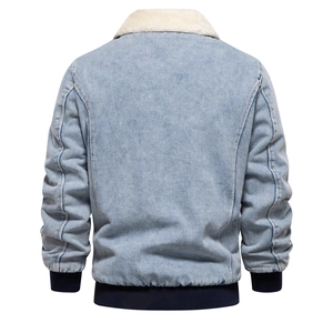 Back view of light blue washed denim jacket with warm white fleece collar and ribbed cuffs