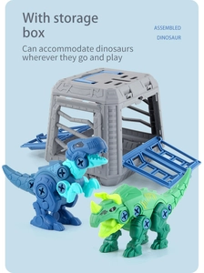 Dettaglio kit dinosauri fai-da-te con T-Rex blu e Triceratopo in scatola portaoggetti grigia