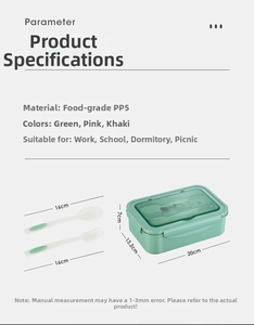 Detail view of rectangular PP5 plastic bento box with spoon and fork specifications
