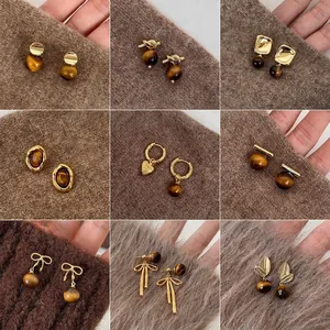 Boucles D'oreilles Françaises Vintage En Oeil De Tigre Cuivre Plaqué Or Véritable Feuille Bijoux Géométriques Femmes Avec Earring Post En Argent