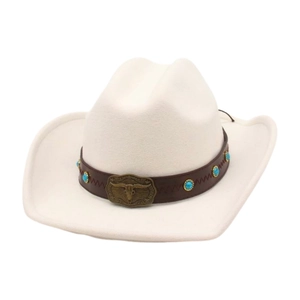 Western Cowboy Hat Vintage Felt Bull Head Buckle Turquoise Leather Band Wide Brim Outdoor For Men Women
