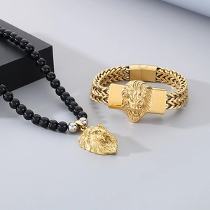Men's 18K gold plated lion head bracelet and 8mm black onyx bead necklace jewelry set