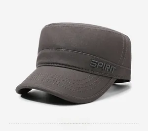 Detailed close-up of SPIRIT letter embroidery on cotton twill flat top military cap