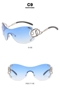 Detail of silver snake temple design and blue gradient lens on rimless Y2K sunglasses