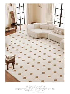 Detailed view of cream rug featuring a brown diamond geometric pattern in a modern living room