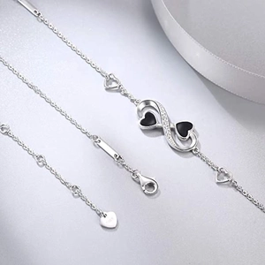 925 sterling silver infinity symbol bracelet with black hearts and sparkling crystals
