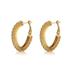 Minimalist matte gold C-shaped hoop earrings with textured finish and high polished accents