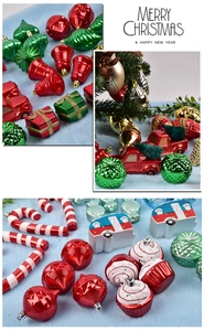 Detailed grid of Christmas ornaments featuring red bells, green boxes and candy canes
