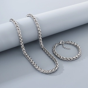 Ensemble collier chaîne épi et bracelet ajustable en acier inoxydable argenté poli sur socle