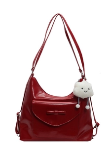 Red high-capacity faux leather shoulder bag with bow decoration and cloud keychain