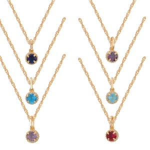 Gold plated stainless steel birthstone necklaces set with six colorful gemstone pendants