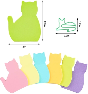 Detailed size chart for cat-shaped sticky notes and paper clips in various vibrant colors