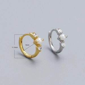 Classic 925 silver pearl huggie earrings with diamonds in gold and silver, 11.5mm size