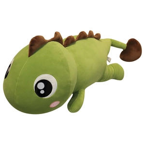 Cartoon green dinosaur plush toy pillow with brown fins on a clean white background