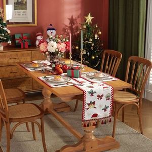 Christmas Table Runner And Placemat Polyester Jacquard Snowflake Pattern Tassels Holiday Dining Table Decor Modern Style